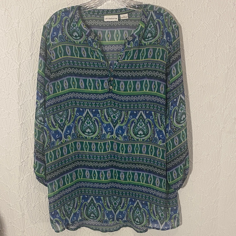 Liz Claiborne Blue and Green Patterned Tunic Bo-ho Colorful Hippie Sheer for Lay